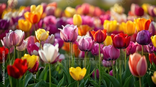 Colorful Tulip Field in Bloom During Springtime