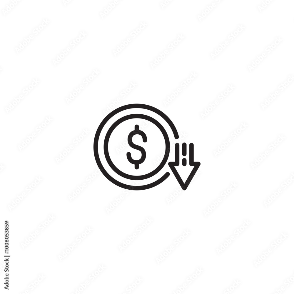 Price drop. Lower cost icon. Dollar coin with down arrow. Reduced price. Discount symbol. Downward arrow and dollar sign. Price drop. Lower cost icon. Dollar coin with down arrow. Reduced price. Discount symbol. Downward arrow and dollar sign.