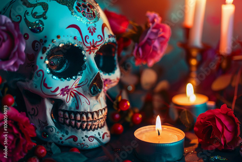 Beautiful greeting card with bright holiday composition for happy to joy celebrate dia de muertos