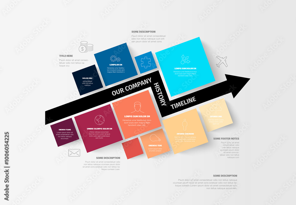 Multipurpose diagonal blue and red mosaic infographic timeline template made from squares and big arrow