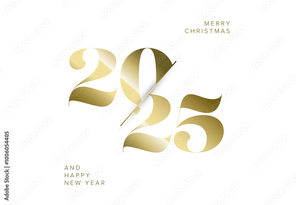 Minimalistic light Happy new year card 2025 template with golden numbers