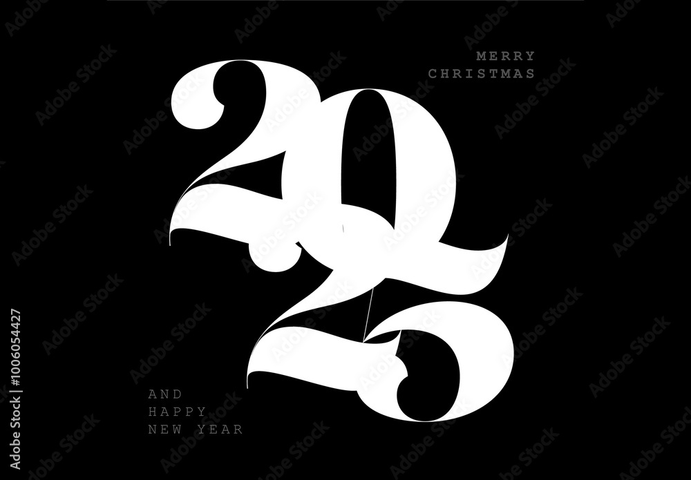 Minimalistic black and white Happy new year 2025 card template with big numbers