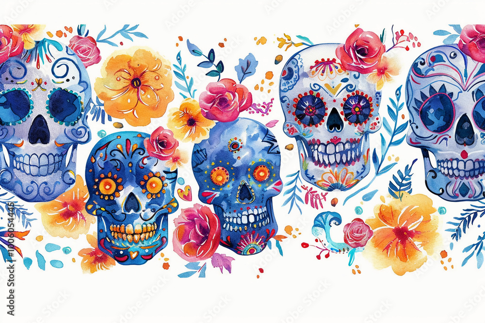 Beautiful greeting card with bright holiday composition for happy to joy celebrate dia de muertos Beautiful greeting card with bright holiday composition for happy to joy celebrate dia de muertos