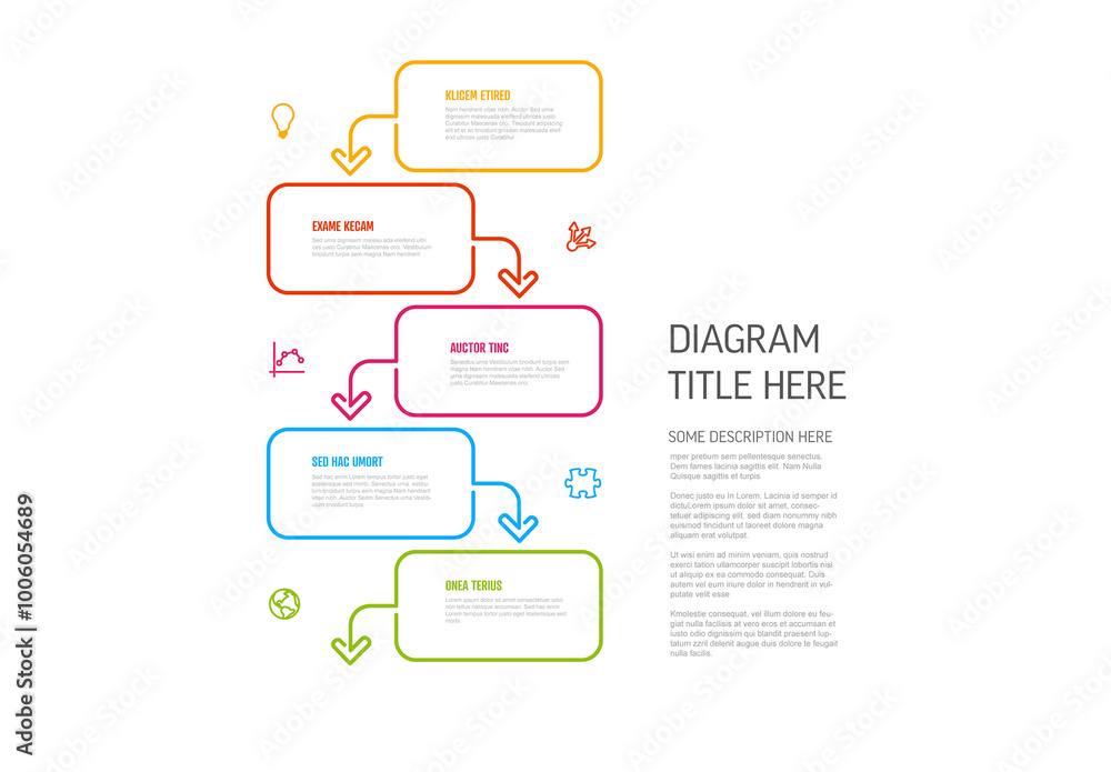Light five rectangle steps vertical template with icons, description and arrow
