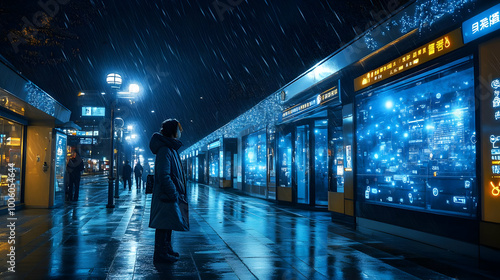 Rainy Night Cityscape with Neon Lights