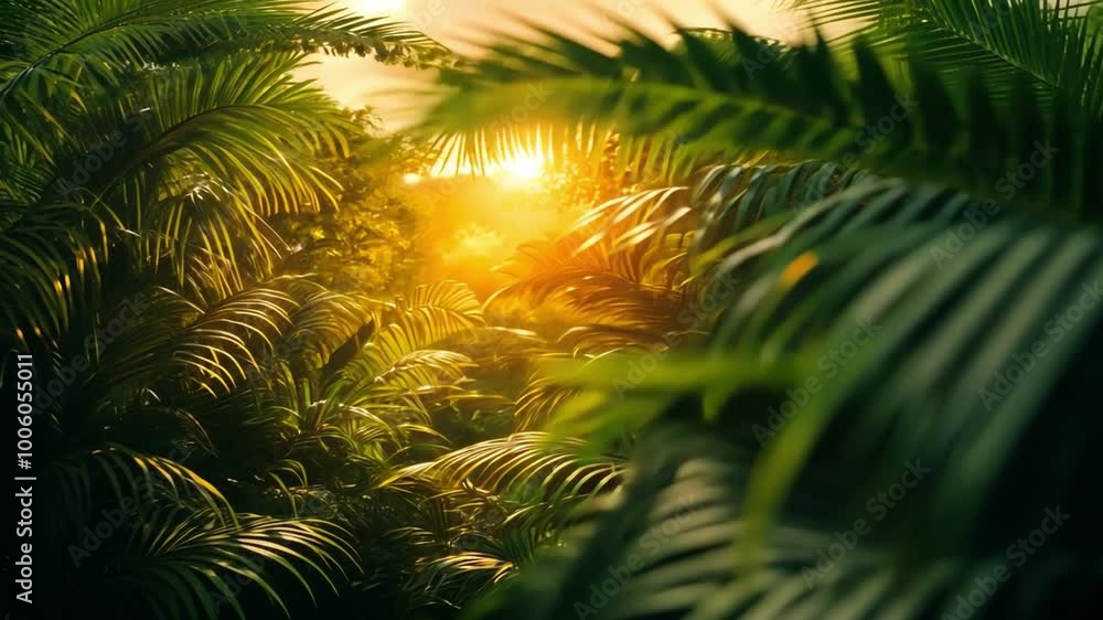 A pristine rainforest illuminated by a brilliant sunset, with natural scenery bathed in warm light A pristine rainforest illuminated by a brilliant sunset, with natural scenery bathed in warm light