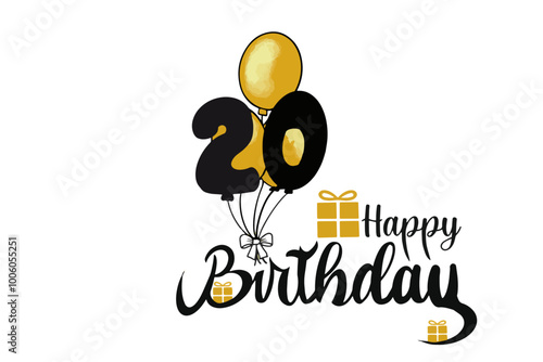 vector happy birthday 20 years texte with gold balloon and gift 