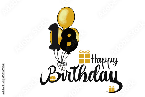Canvas Print vector happy birthday 18 years texte with gold balloon and gift