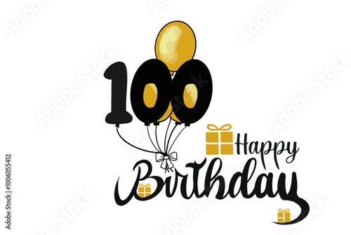 vector happy birthday 100th texte with gold balloon and gift  photo