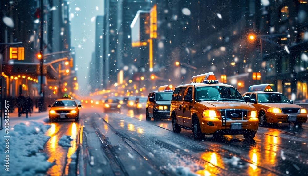 A snowy city street scene featuring yellow taxis driving through a busy urban environment, illuminated by bright lights. A snowy city street scene featuring yellow taxis driving through a busy urban environment, illuminated by bright lights.