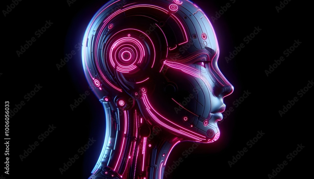 Female cyborg face with pink neon lines, futuristic robotic art, 3d render Female cyborg face with pink neon lines, futuristic robotic art, 3d render