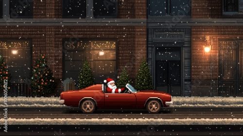 Santa Claus joyfully drives his vibrant red muscle car through a snowy forest, spreading festive cheer during a winter wonderland