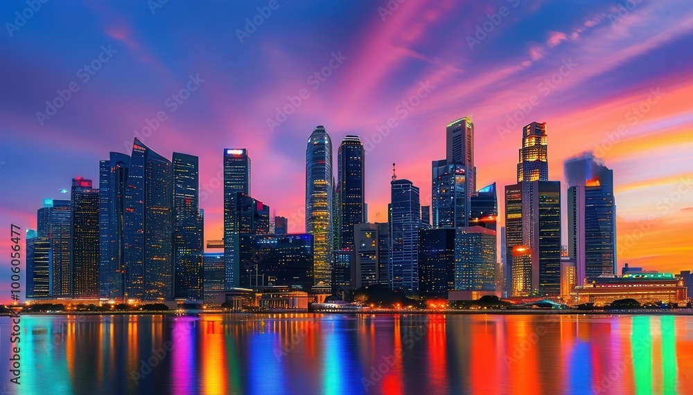 Obraz premium Vibrant City Skyline at Sunset with Colorful Reflections