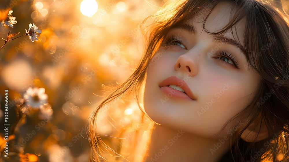Golden Hour: Woman Smiles with Sunlit Flowers Golden Hour: Woman Smiles with Sunlit Flowers