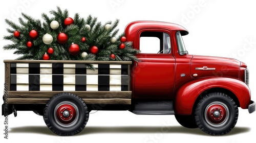 A vintage Christmas truck adorned in red and black plaid transports a festive tree through a winter wonderland landscape