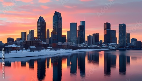 A vibrant city skyline is reflected in tranquil waters, illuminated by a colorful sunset, showcasing modern architecture against a picturesque background.