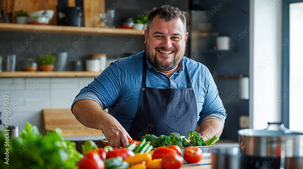 homme en surpoids, dans une cuisine, en train de préparer un repas diététique homme en surpoids, dans une cuisine, en train de préparer un repas diététique