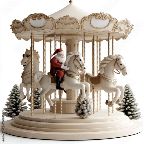 A whimsical carousel featuring Santa riding a horse amidst frosty trees, celebrating the spirit of Christmas in vivid realism