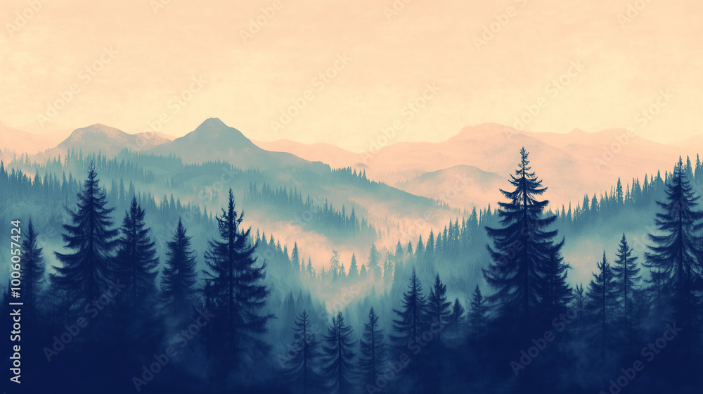 Obraz premium Misty landscape with fir forest in vintage retro style. Generative AI 