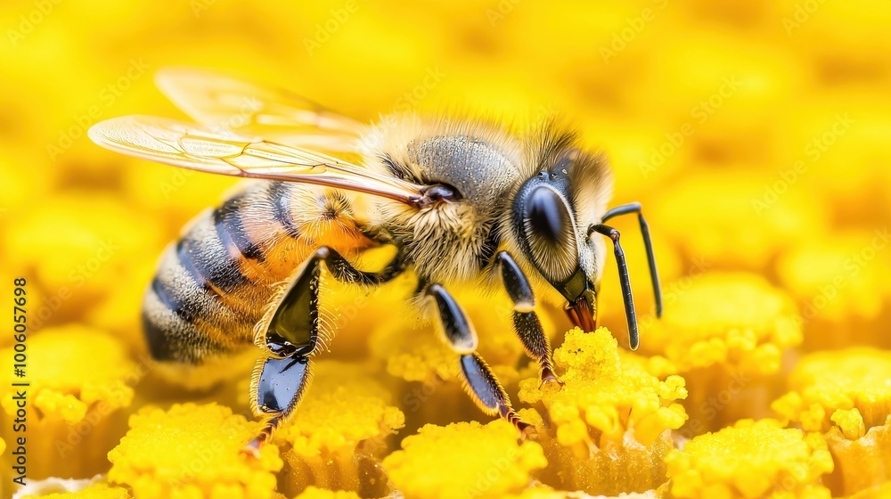 Close up of Honeybee Pollinating Yellow Flower Close up of Honeybee Pollinating Yellow Flower