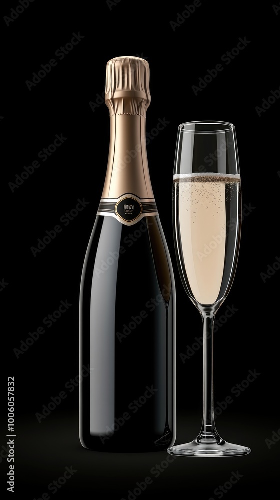 Celebrate in style with a sparkling champagne bottle and elegant glasses set against a sleek black backdrop Celebrate in style with a sparkling champagne bottle and elegant glasses set against a sleek black backdrop