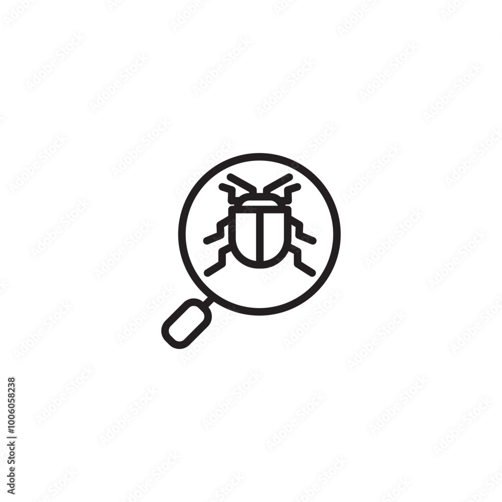 Bug under a magnifying glass, representing inspection. Magnifying glass over a bug, depicting search or detection. Icon of a bug being examined, indicating investigation. Bug under a magnifying glass, representing inspection. Magnifying glass over a bug, depicting search or detection. Icon of a bug being examined, indicating investigation.