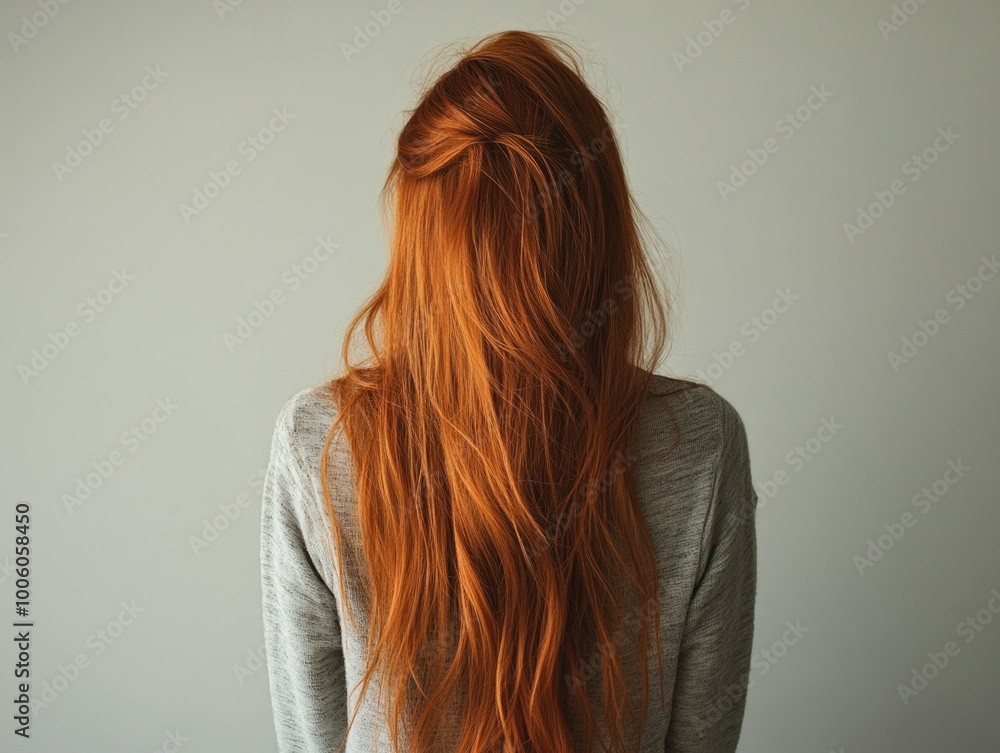 Fototapeta premium Woman with red hair standing by a wall