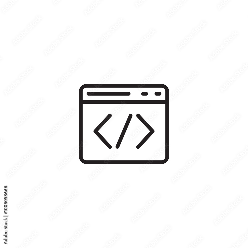 Browser with code, programming icon. Browser and code icon, outline style. Browser window with angle brackets, coding symbol. Browser with code, programming icon. Browser and code icon, outline style. Browser window with angle brackets, coding symbol.