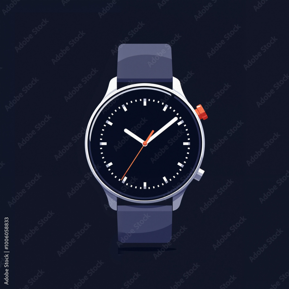A simple flat illustration of a black chronograph wristwatch with a silver strap and a round face with white hands. A simple flat illustration of a black chronograph wristwatch with a silver strap and a round face with white hands.
