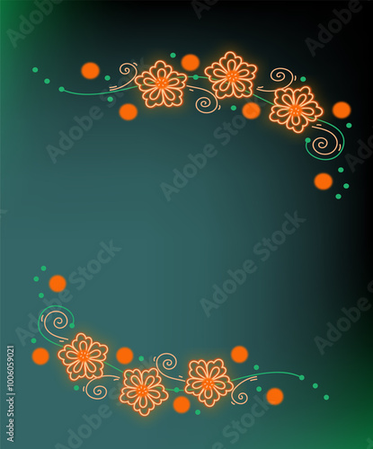 Orange Flower  border. Indian holiday greeting card with copy space. Marigold flowers on dark green background. Diwali festive card, banner.
