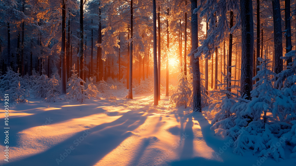 Winter snow-covered forest at sunset Winter snow-covered forest at sunset