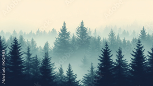 Misty landscape with fir forest in vintage retro style. Generative AI 