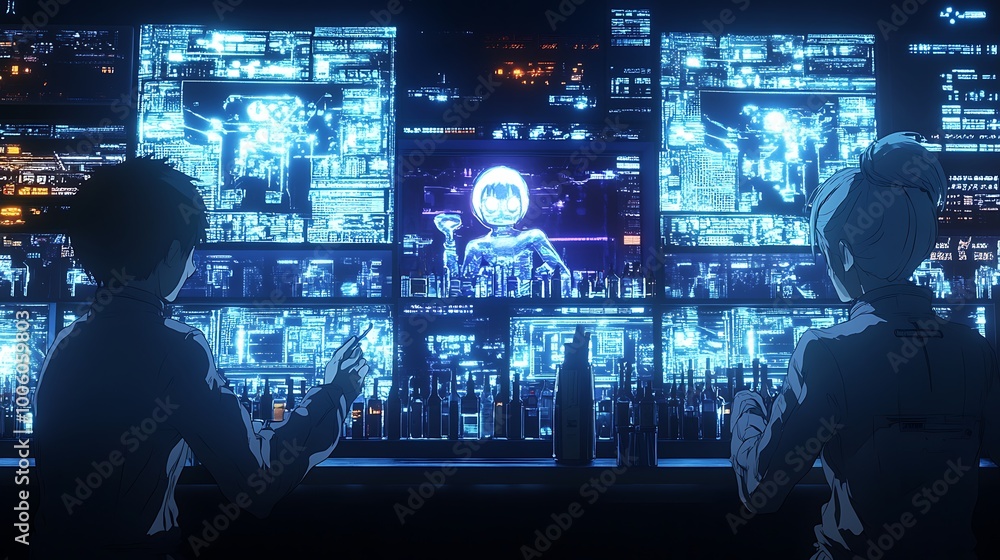 Two People Looking at a Computer Screen in a Neon Bar. Two People Looking at a Computer Screen in a Neon Bar.