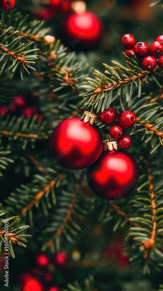 Festive Christmas decorations with red baubles and berries adorning a green pine tree, capturing the holiday spirit. Festive Christmas decorations with red baubles and berries adorning a green pine tree, capturing the holiday spirit.