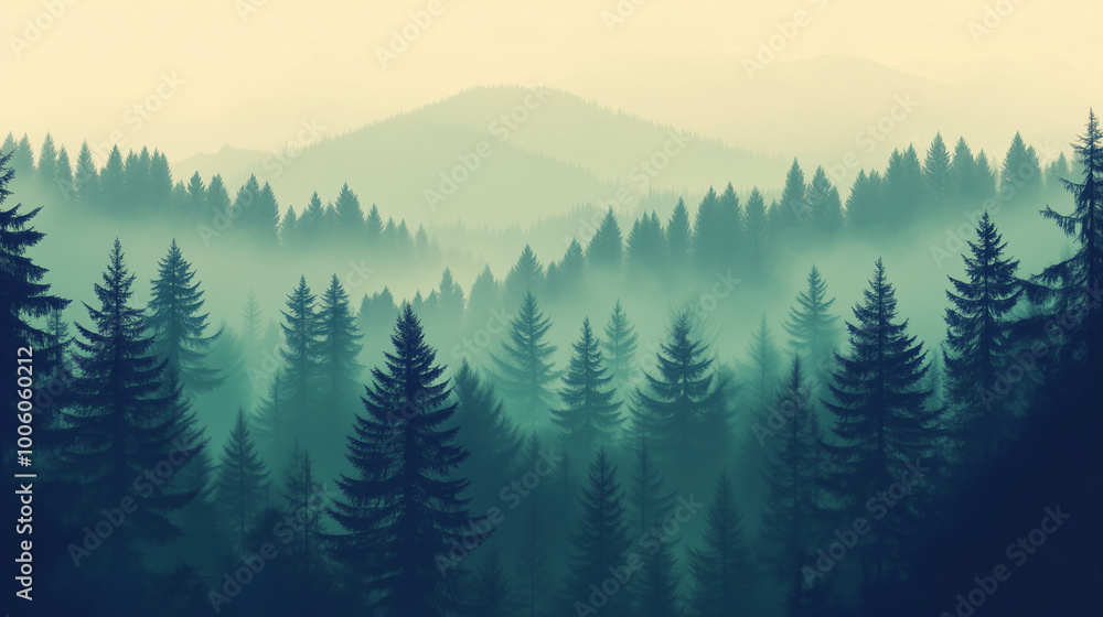 Fototapeta premium Misty landscape with fir forest in vintage retro style. Generative AI 