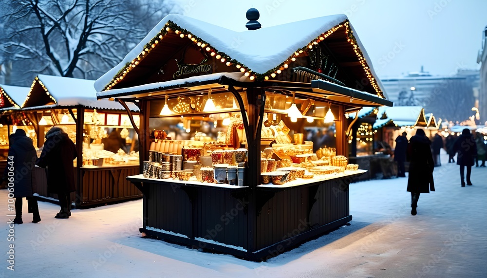 Naklejka premium A festive winter market scene featuring illuminated stalls, surrounded by snow and shoppers enjoying the holiday atmosphere.