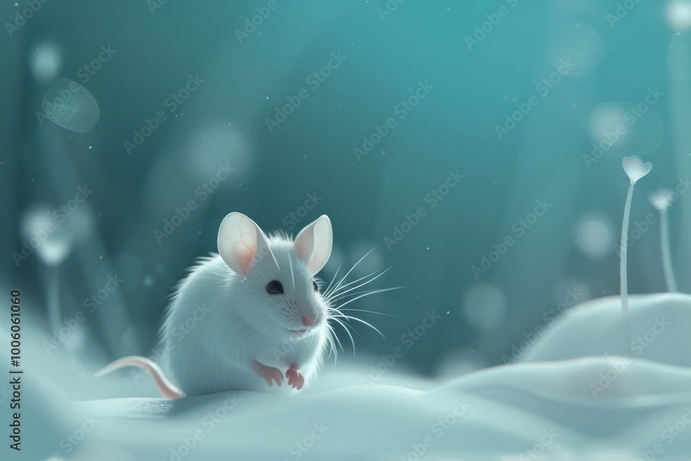 A white mouse is sitting on a snowy surface. The mouse is looking at the camera with a curious expression. The image has a calm and peaceful mood, as the mouse is not in any danger A white mouse is sitting on a snowy surface. The mouse is looking at the camera with a curious expression. The image has a calm and peaceful mood, as the mouse is not in any danger