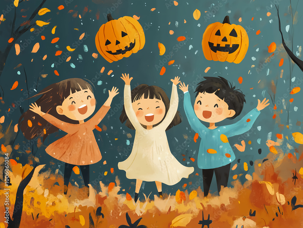 Joyful Kids Celebrating Halloween with Pumpkins and Confetti Joyful Kids Celebrating Halloween with Pumpkins and Confetti