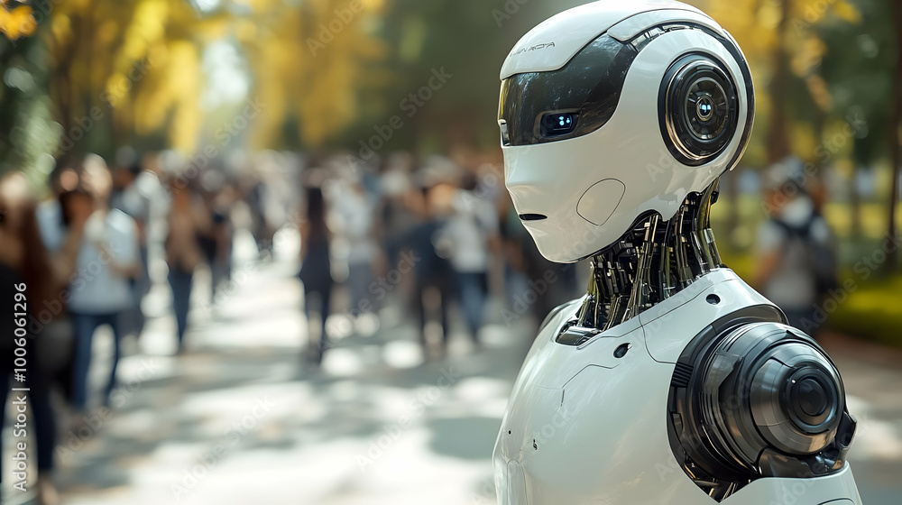 Humanoid Robot in a Crowd of People - Futuristic Technology Concept Humanoid Robot in a Crowd of People - Futuristic Technology Concept