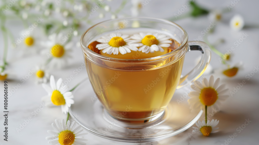 Cup of chamomile tea and camomile white and yellow flowers, table top creative background with copy space. Bright picture of natural herbal tea on a beautiful background. Cup of chamomile tea and camomile white and yellow flowers, table top creative background with copy space. Bright picture of natural herbal tea on a beautiful background.