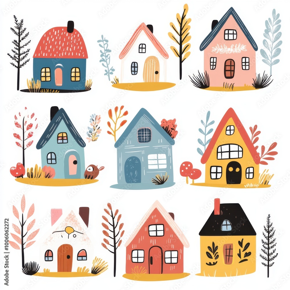 Charming illustration featuring colorful houses surrounded by trees and plants, ideal for home decor and children's themes. Charming illustration featuring colorful houses surrounded by trees and plants, ideal for home decor and children's themes.