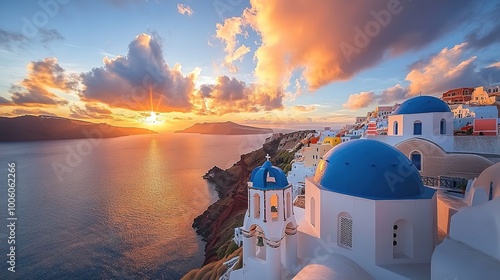 Colorful Sunset Over Santorini with Blue Domes