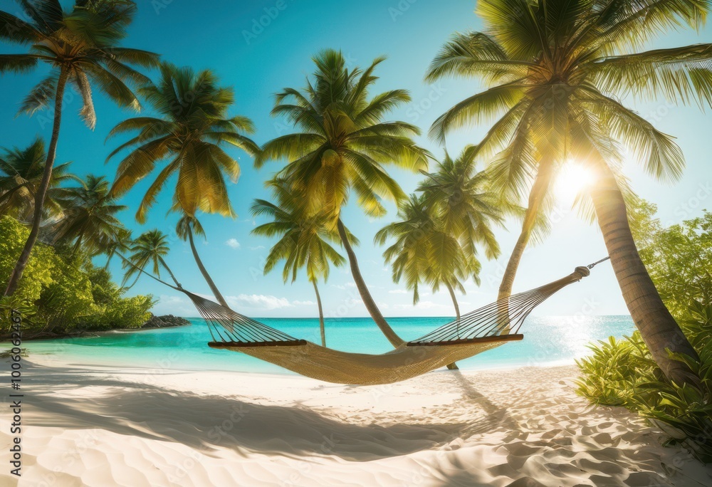 Obraz premium tranquil beach oasis featuring hammock nestled amidst lush green palm trees crystal clear waters, shore, sand, ocean, coastline, scenery, sky, sunset