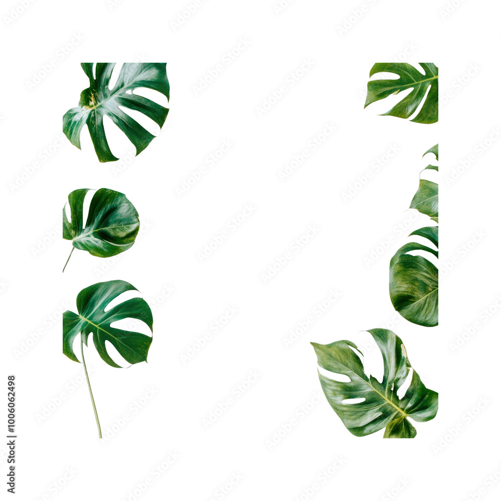 Green Monstera Leaves Frame on White Background Green Monstera Leaves Frame on White Background