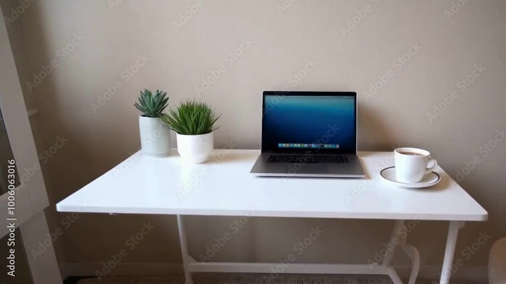 White desk with a laptop, potted plants, and a cup of coffee White desk with a laptop, potted plants, and a cup of coffee