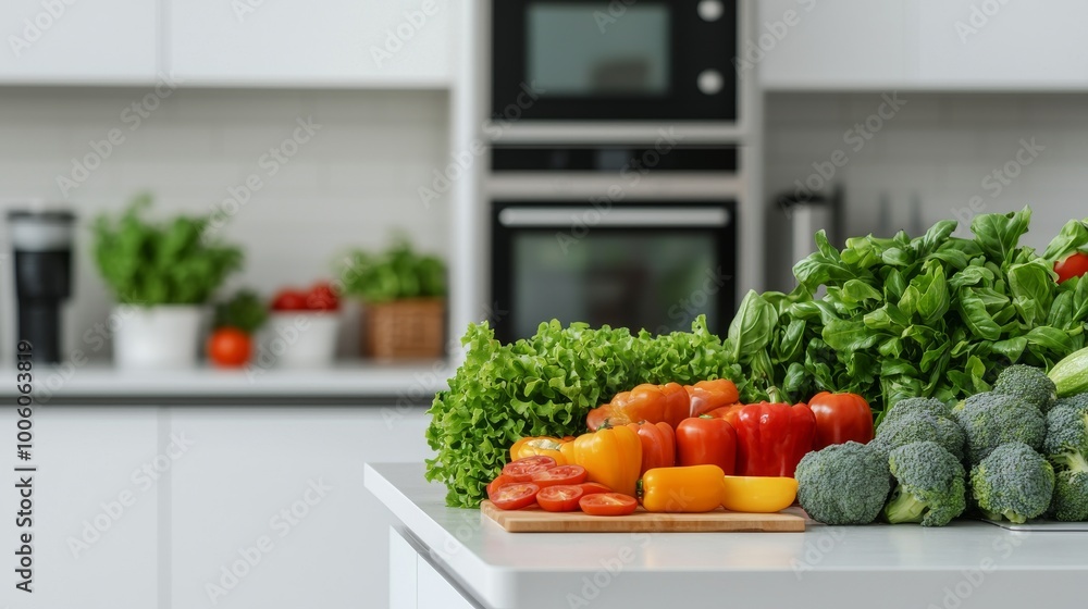 Fresh Vegetables on Kitchen Countertop with Blurred Background Fresh Vegetables on Kitchen Countertop with Blurred Background