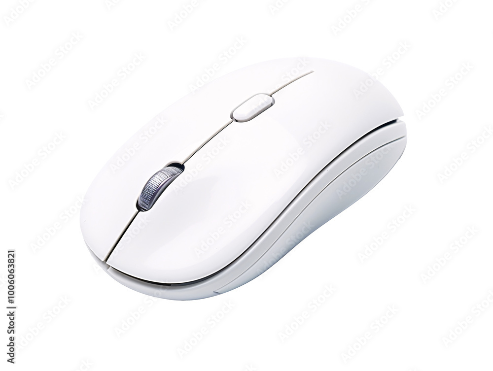 a white computer mouse with a silver button a white computer mouse with a silver button