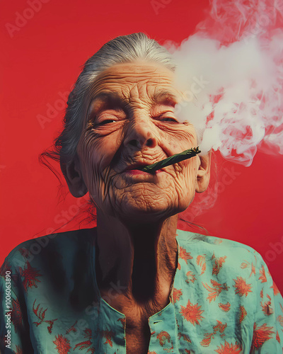psychedelic crazy happy elder woman with cigar or cigarette, smoking a marihuana joint, weed, ganja, funny expression, trippy face, vintage poster