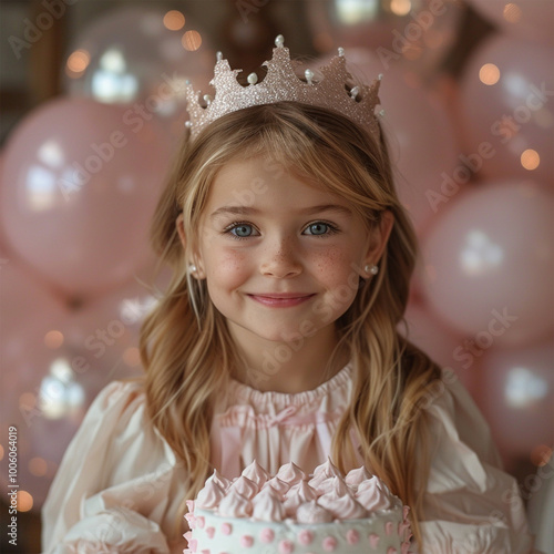 Cute little girl in crown with Birthday cake and balloons on pink background. Made with generative ai.