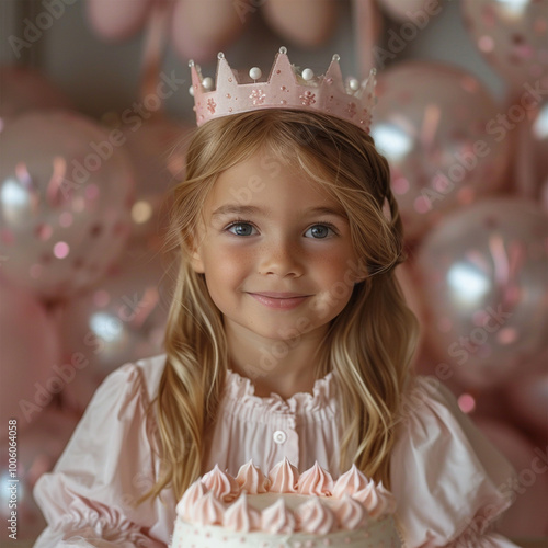 Cute little girl in crown with Birthday cake and balloons on pink background. Made with generative ai.